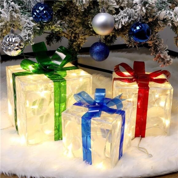 Set of 3 Lighted Gift Boxes Christmas Decorations, 60 LED Transparent - Picture 4 of 7